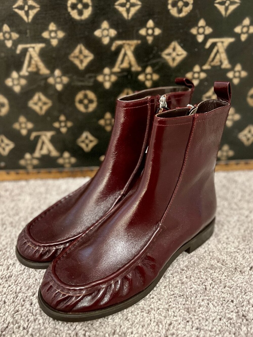 Zara Burgundy Maroon Leather Flat Ankle Boots, NEW